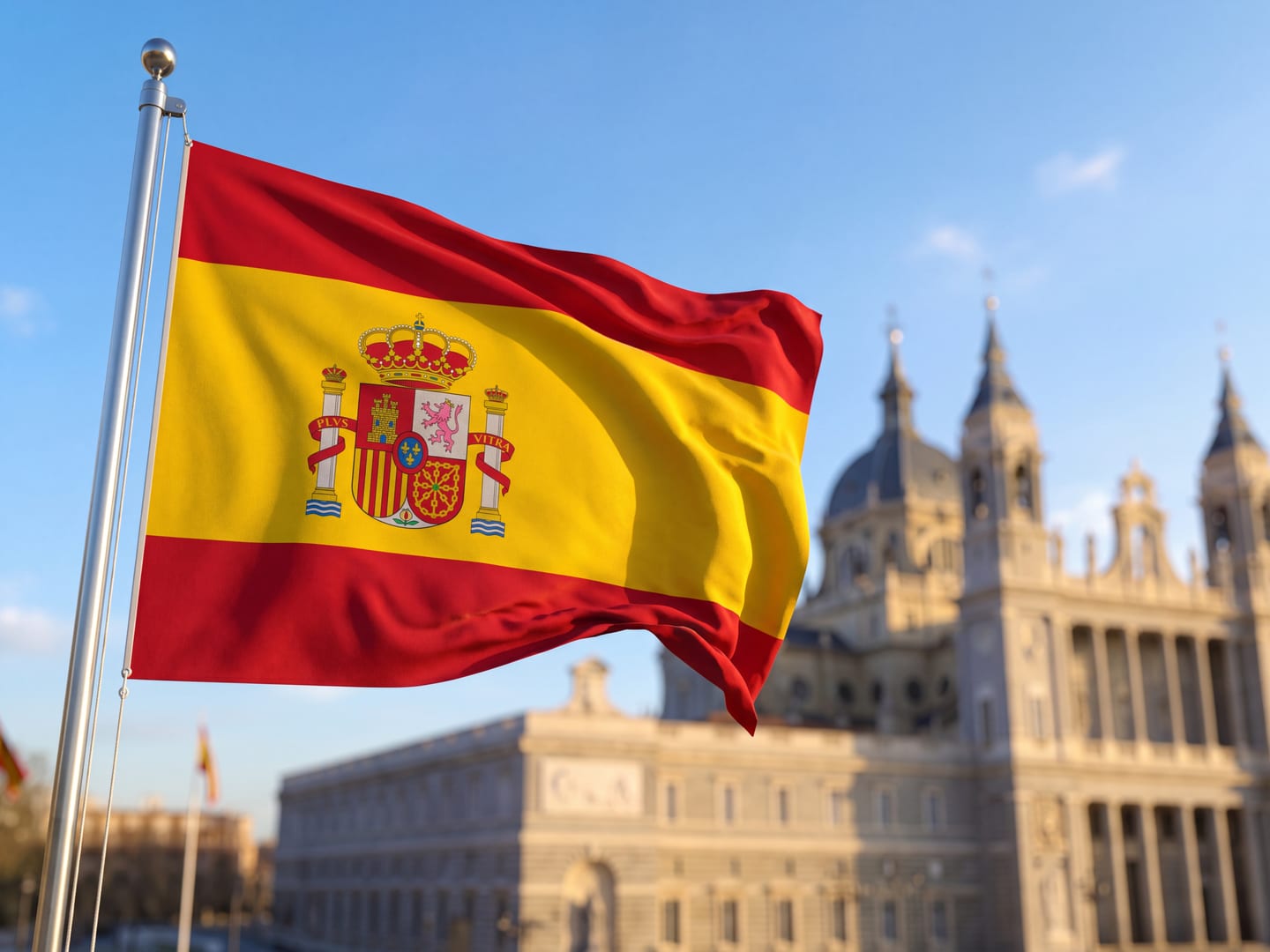 Bandeira da Espanha diante da Catedral de Almudena, em Madrid