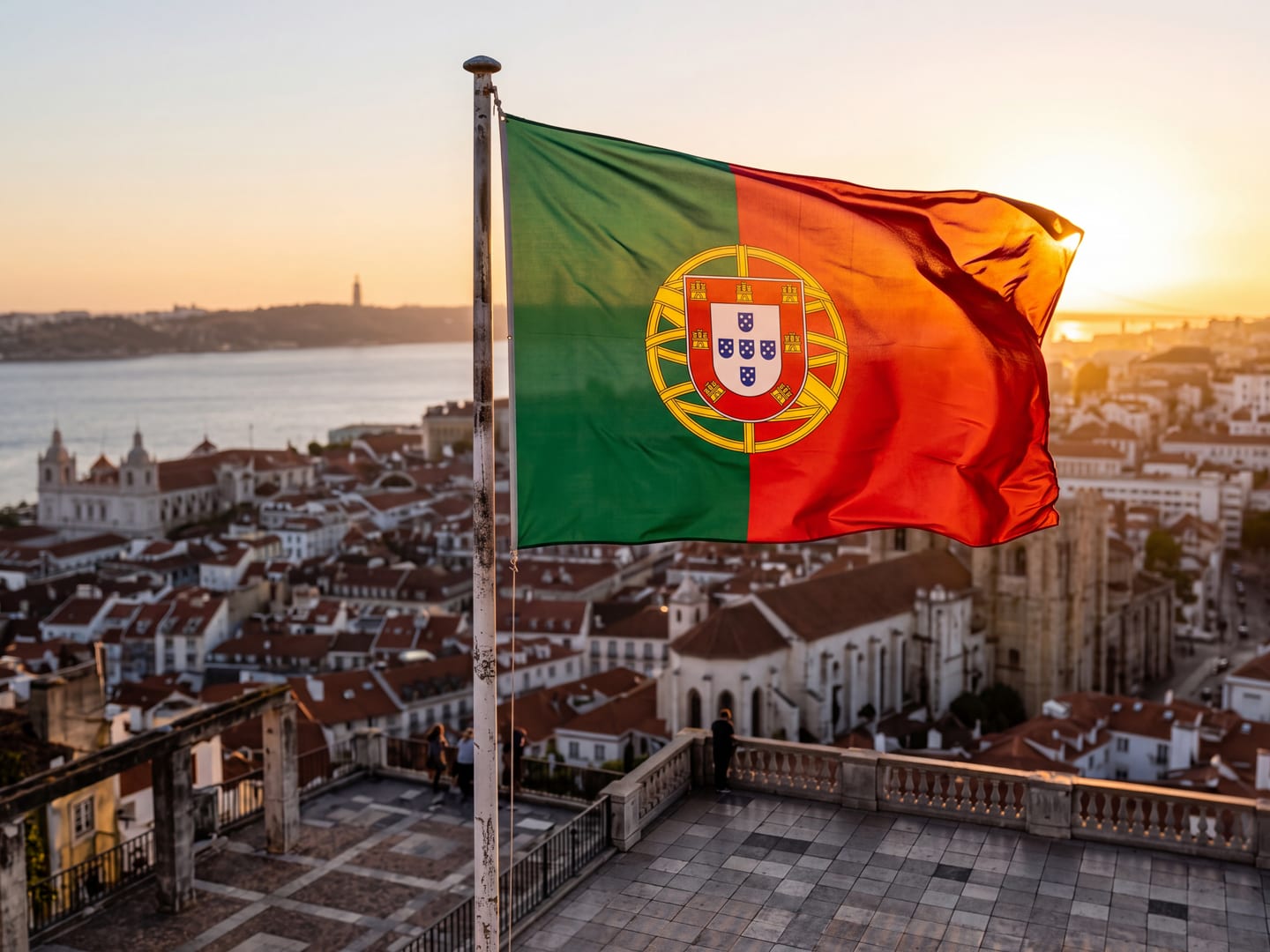 Bandeira de Portugal hasteada sobre os telhados de Lisboa